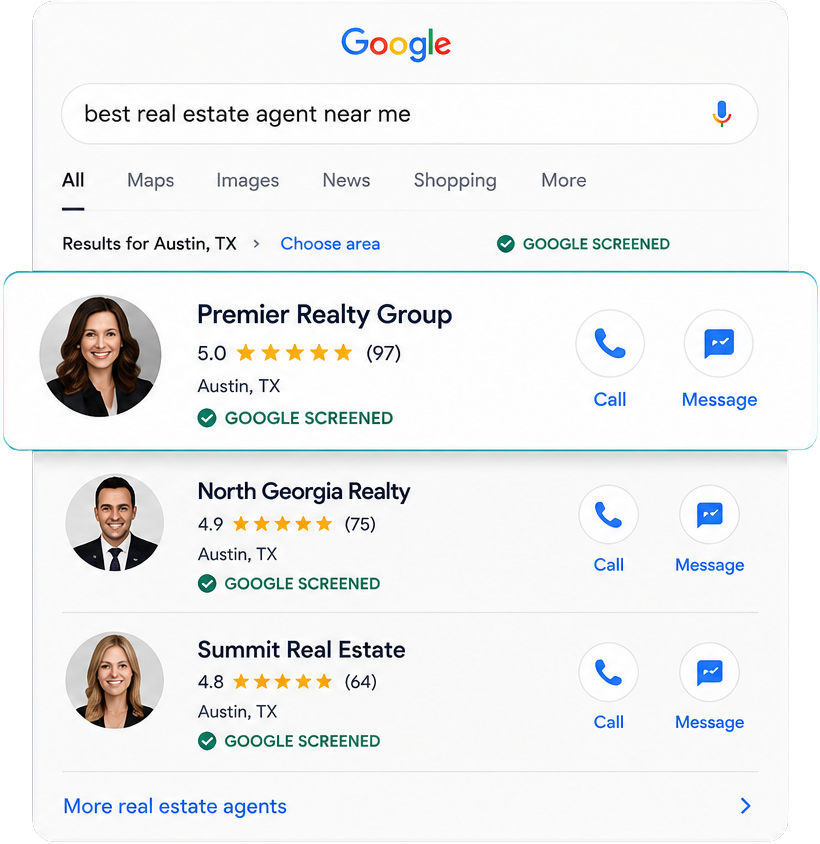 Google search results showing Google Screened real estate agents with ratings, call, and message actions