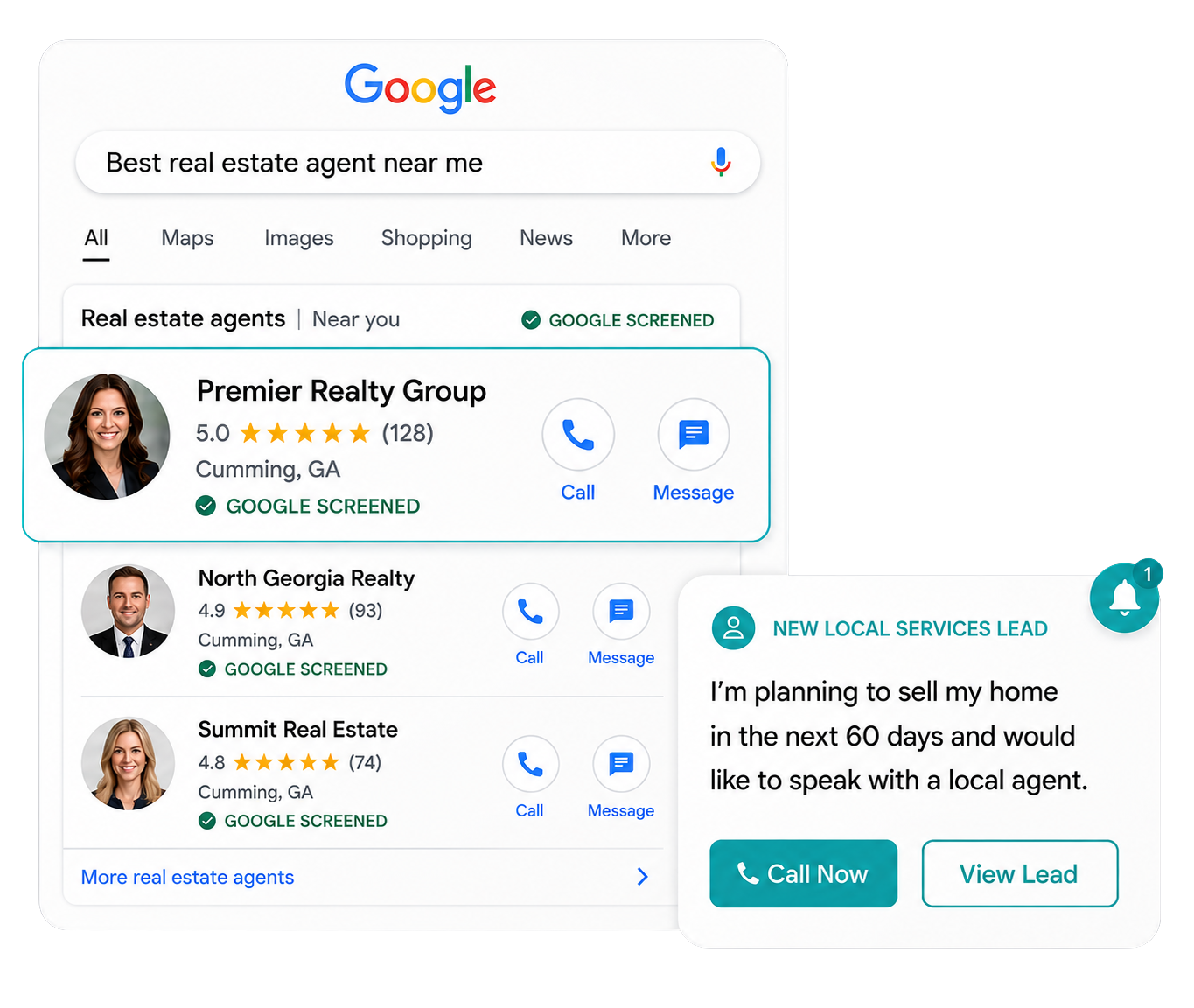 Google Local Services Ads search results with a new local services lead notification